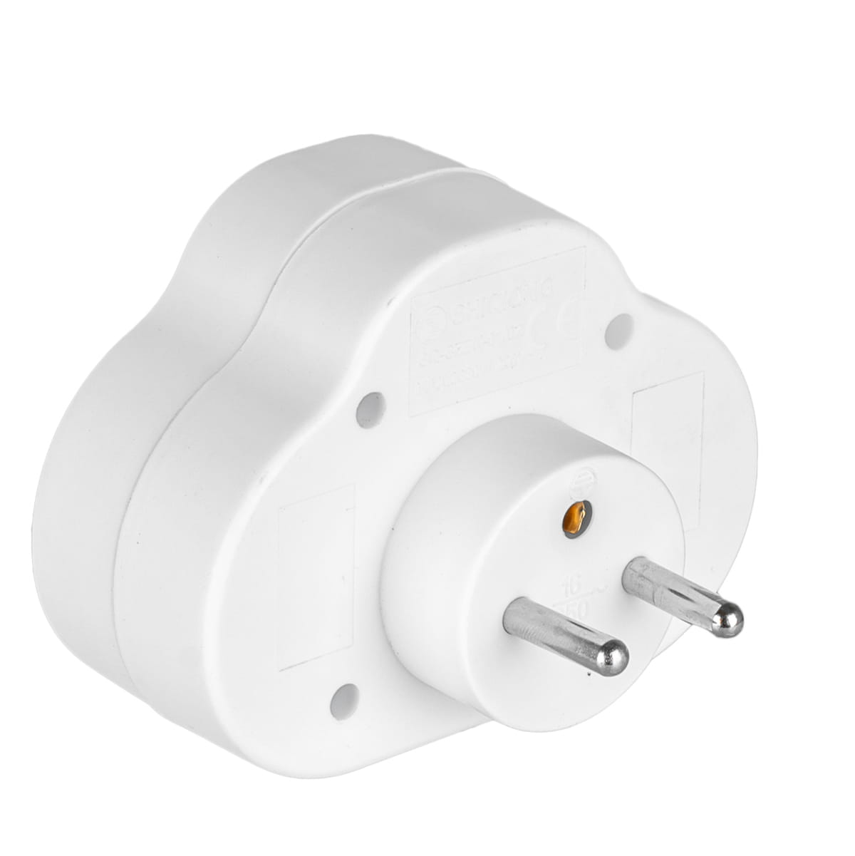 Biały, dwugniazdowy adapter z dwoma bolcami. Widok z góry. Brak innych szczegółów.