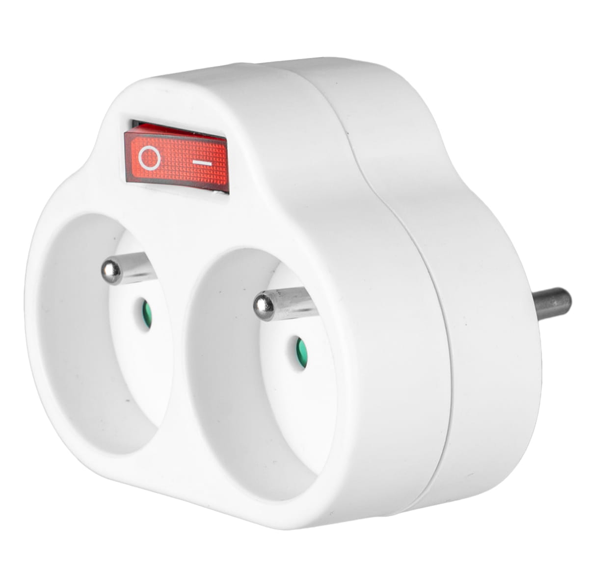 Biała podwójna przejściówka elektryczna z czerwonym przełącznikiem. Ma dwa gniazda i wtyczkę.