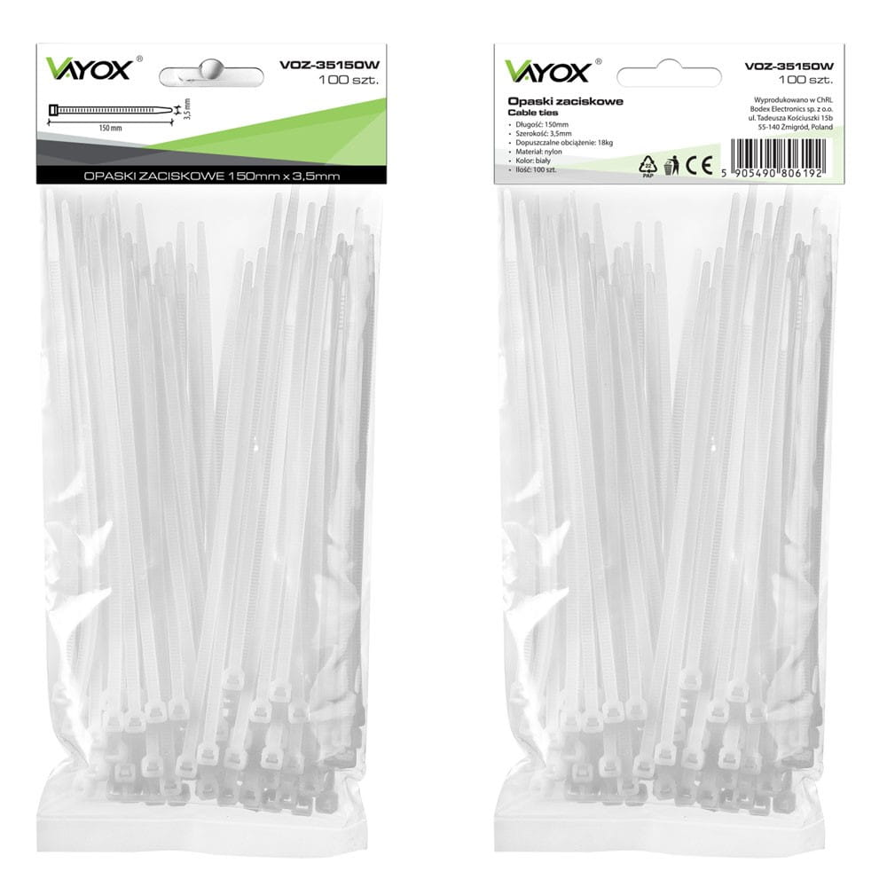 Dwa opakowania białych opasek zaciskowych z danymi opakowania. Opaski są spięte i gotowe do użycia.