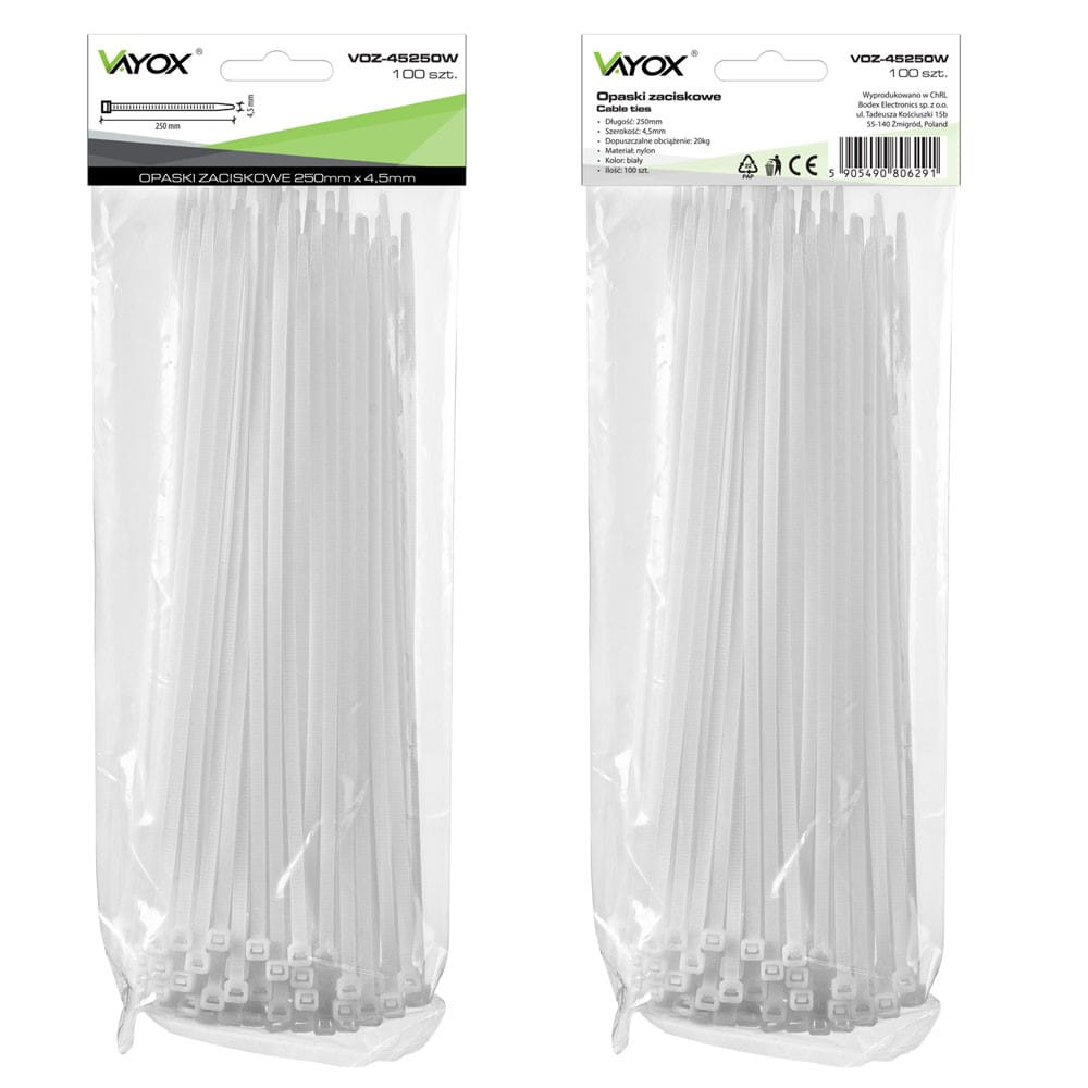 Dwa opakowania białych opasek zaciskowych z danymi opakowania. Opaski są spięte i gotowe do użycia.