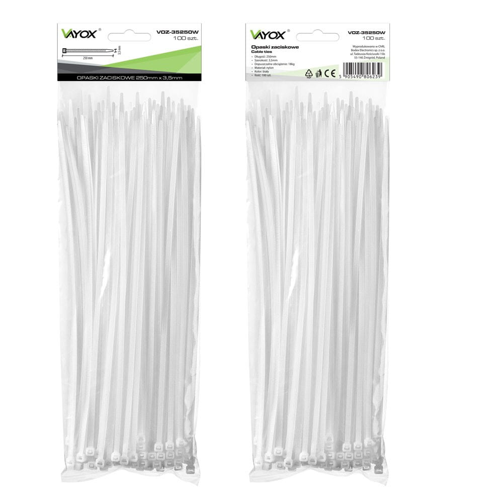 Dwa opakowania białych opasek zaciskowych z danymi opakowania. Opaski są spięte i gotowe do użycia.