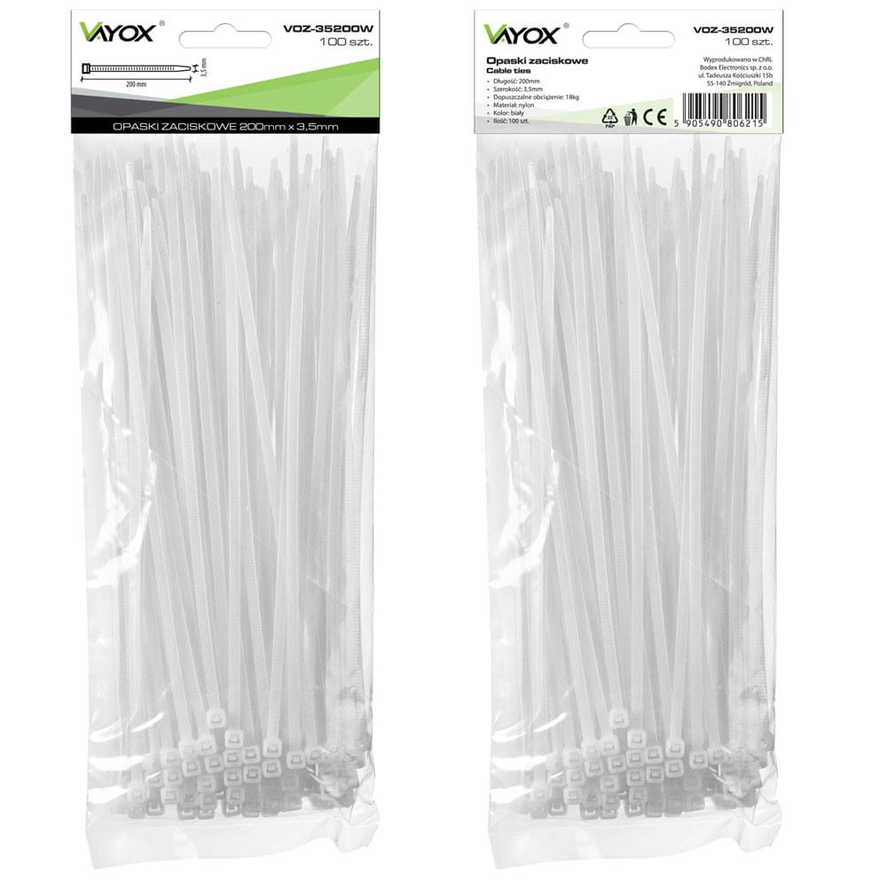 Dwa opakowania przezroczystych opasek kablowych. Każde opakowanie zawiera 100 opasek o wymiarach 200 mm x 3,5 mm.