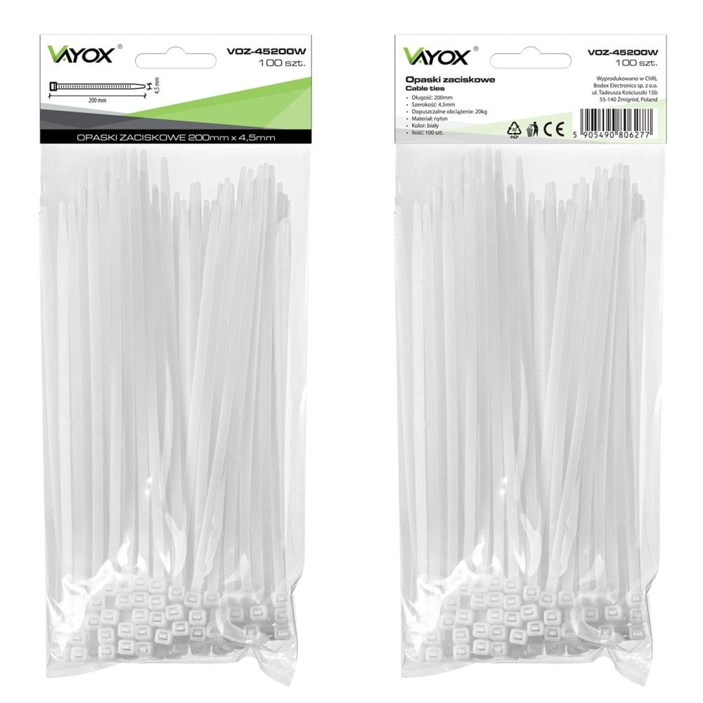 Dwa opakowania białych opasek zaciskowych z danymi opakowania. Opaski są spięte i gotowe do użycia.