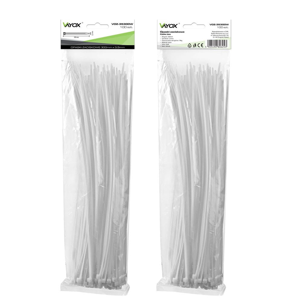 Dwa opakowania przezroczystych opasek kablowych. Każde opakowanie zawiera 100 opasek o wymiarach 300 mm x 3,5 mm.