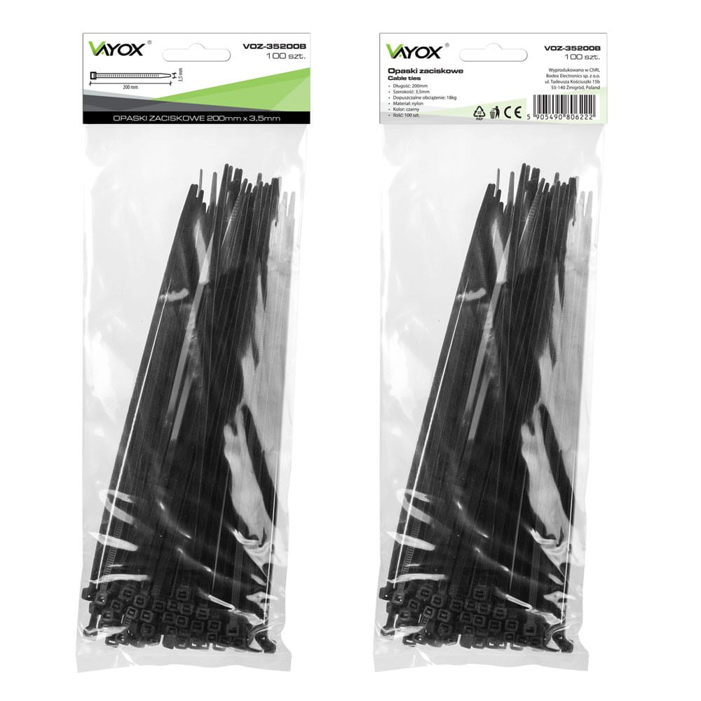Dwa opakowania czarnych opasek kablowych. Każde opakowanie zawiera 100 opasek o wymiarach 200 mm x 3,5 mm.