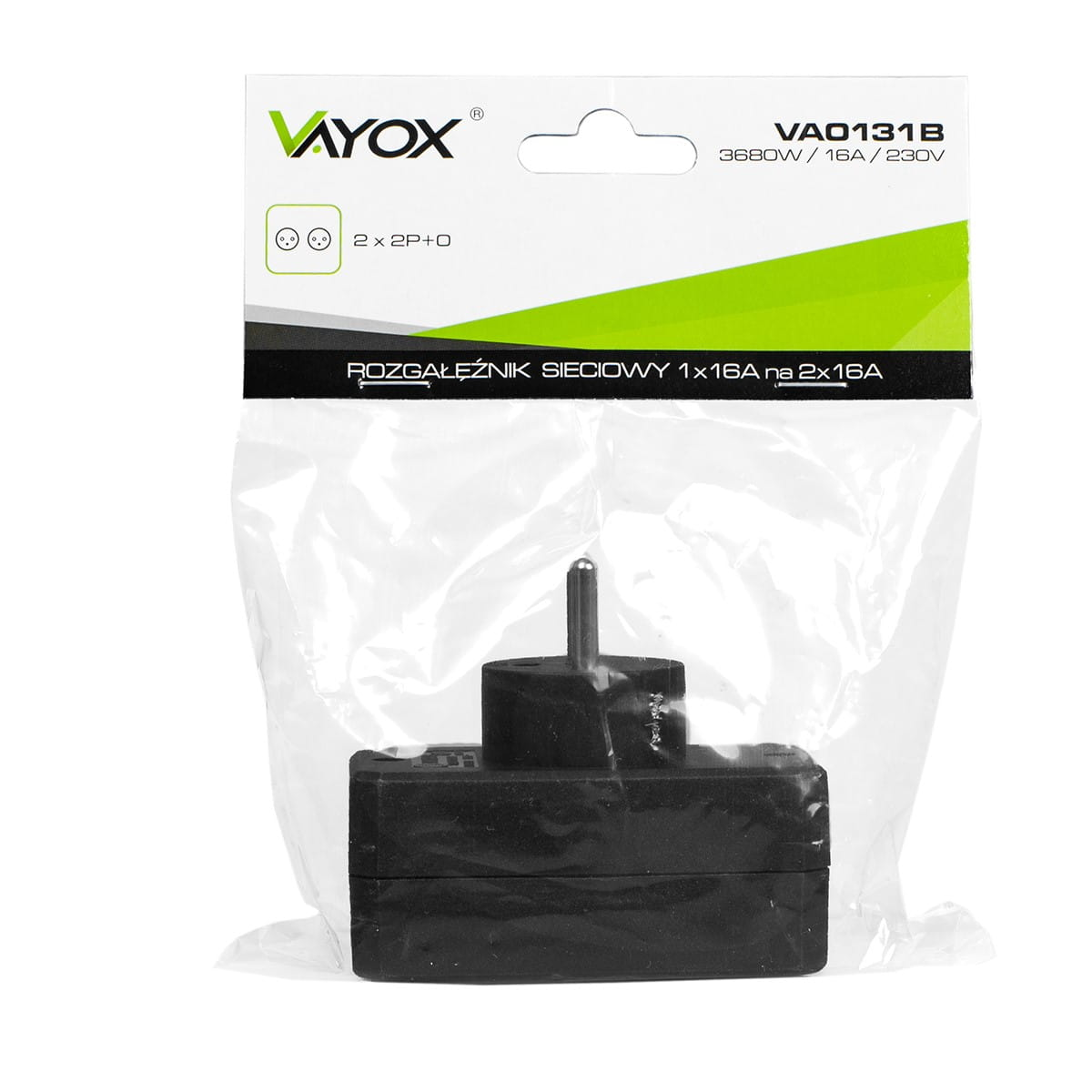 Czarny adapter w przezroczystej plastikowej torbie z tekstem i logo.