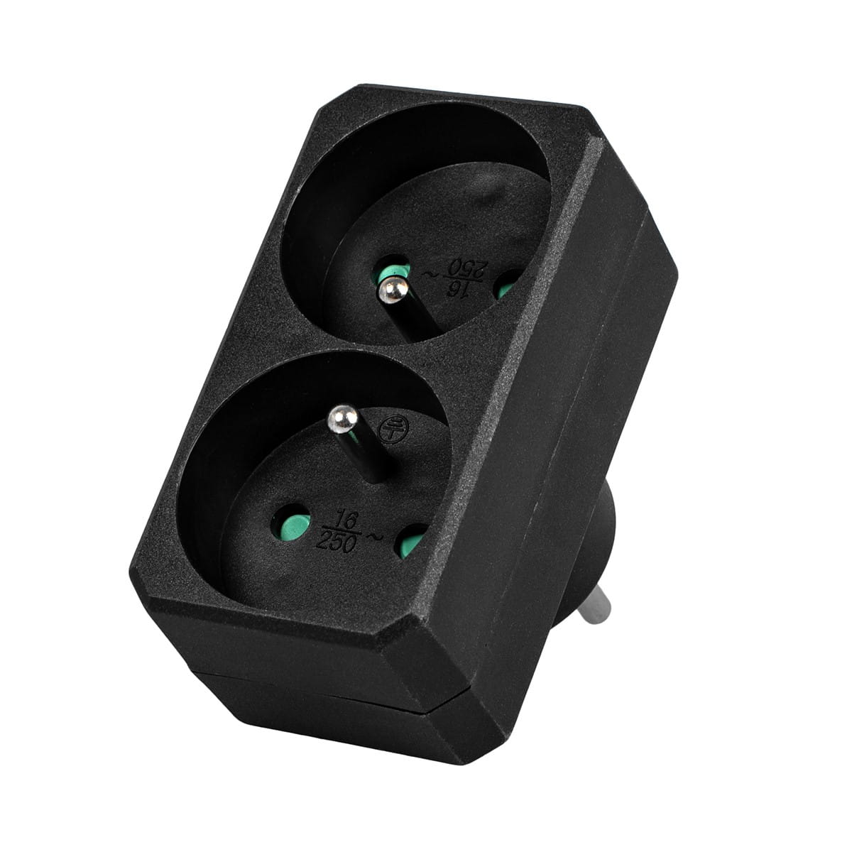 Czarne podwójne gniazdko z zielonymi akcentami, ustawione pod kątem na białym tle.