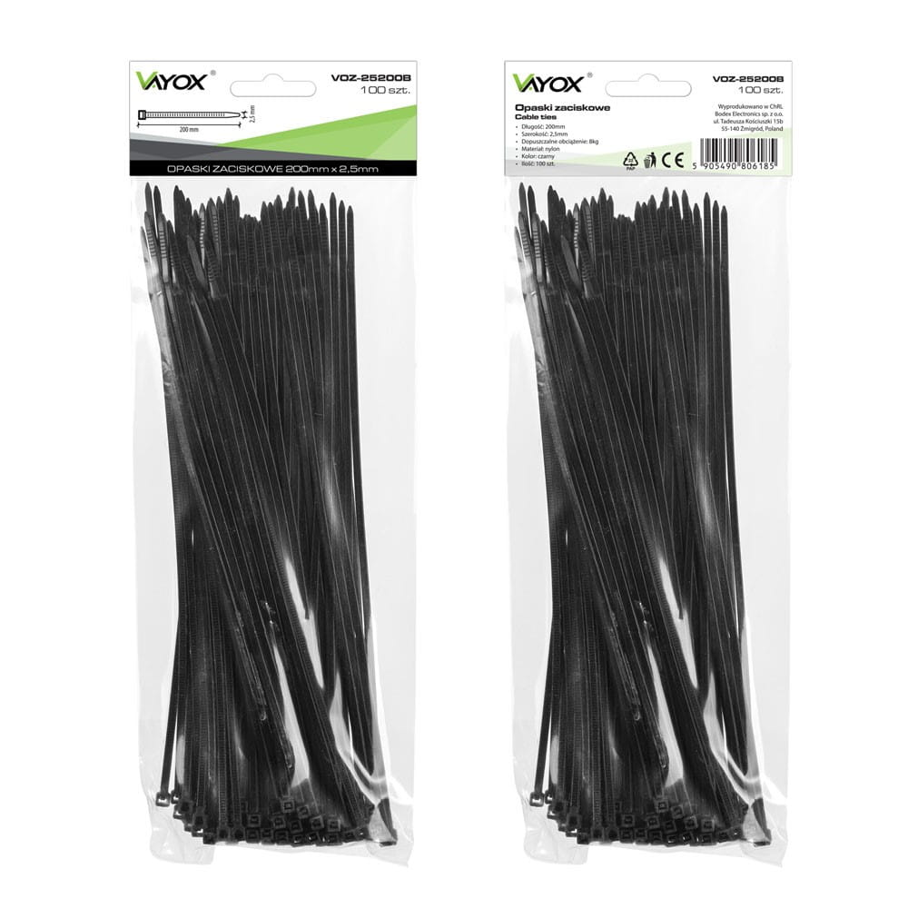 Dwa opakowania czarnych opasek kablowych. Każde opakowanie zawiera 100 opasek o wymiarach 200 mm x 3,5 mm.