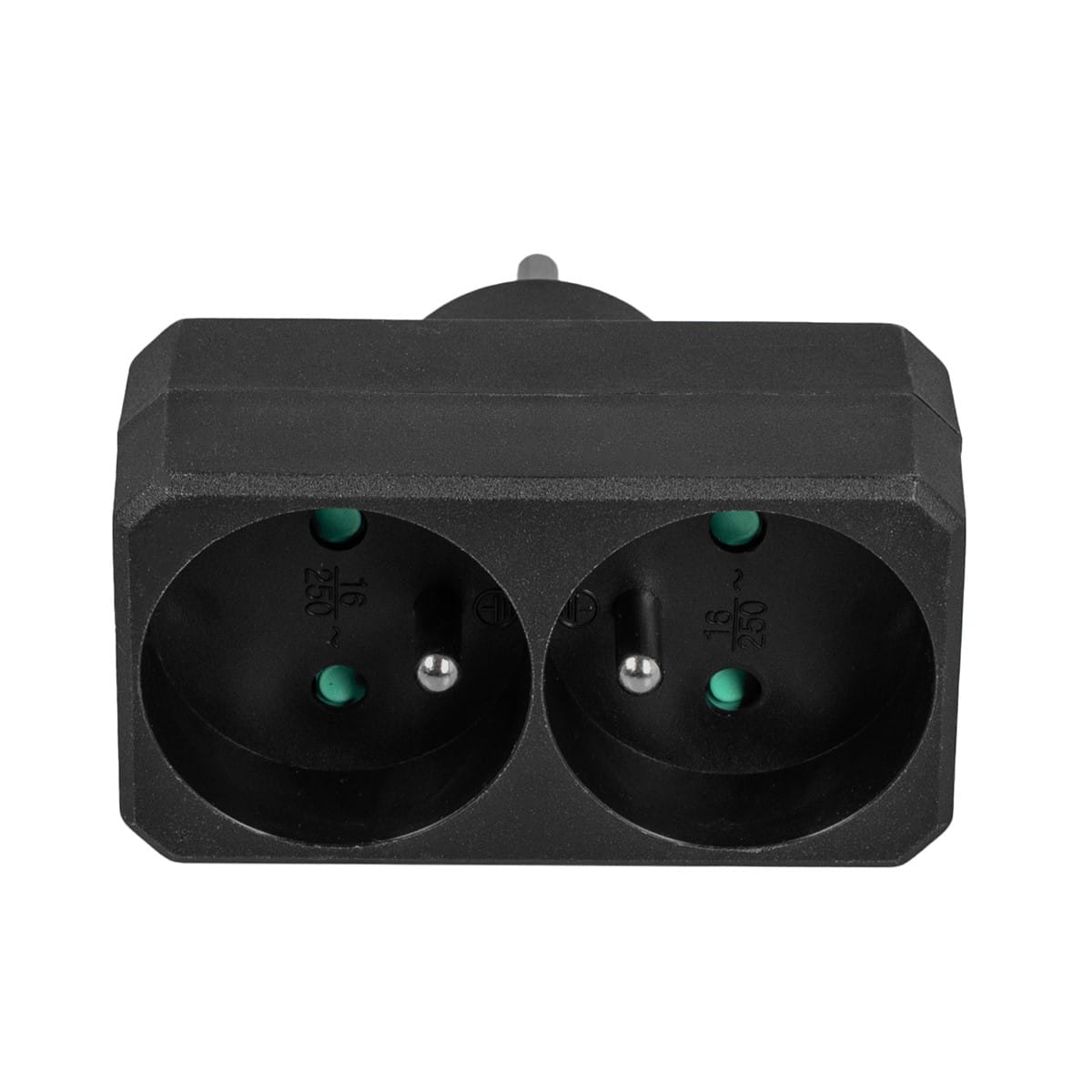 Czarny podwójny adapter z dwoma gniazdami. Każde ma dwa otwory i zielone wkładki.