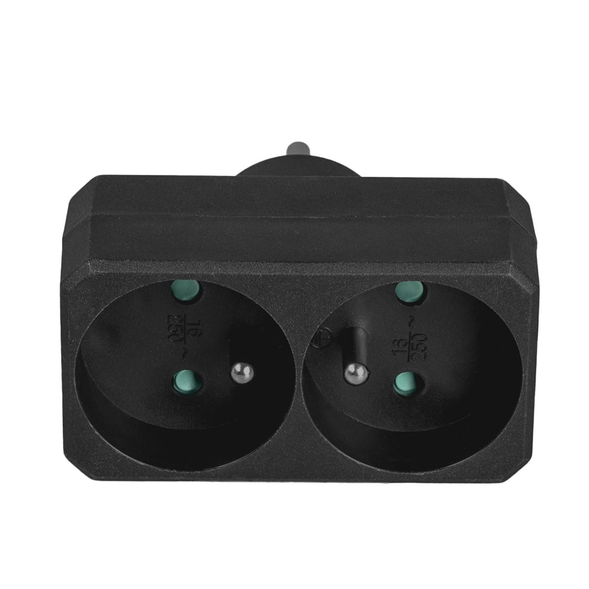 Czarne podwójne gniazdko z zielonymi akcentami, ustawione pod kątem na białym tle.