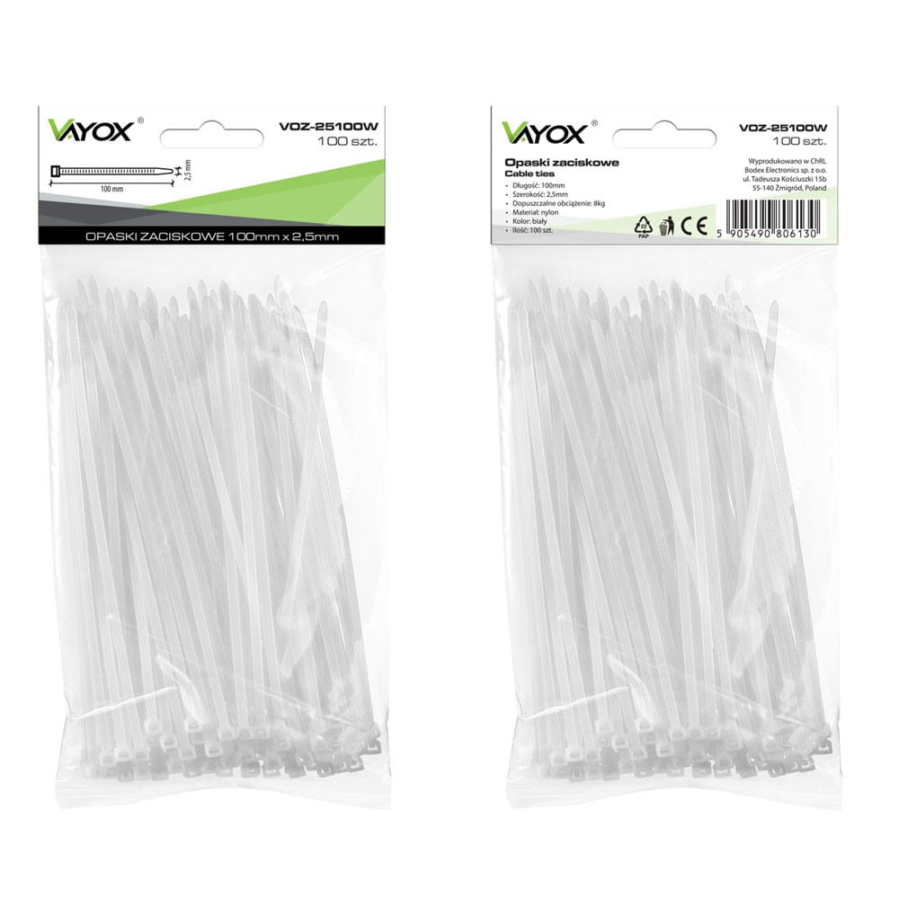 Dwie przezroczyste plastikowe torby z białymi opaskami kablowymi. Tekst na torbach.