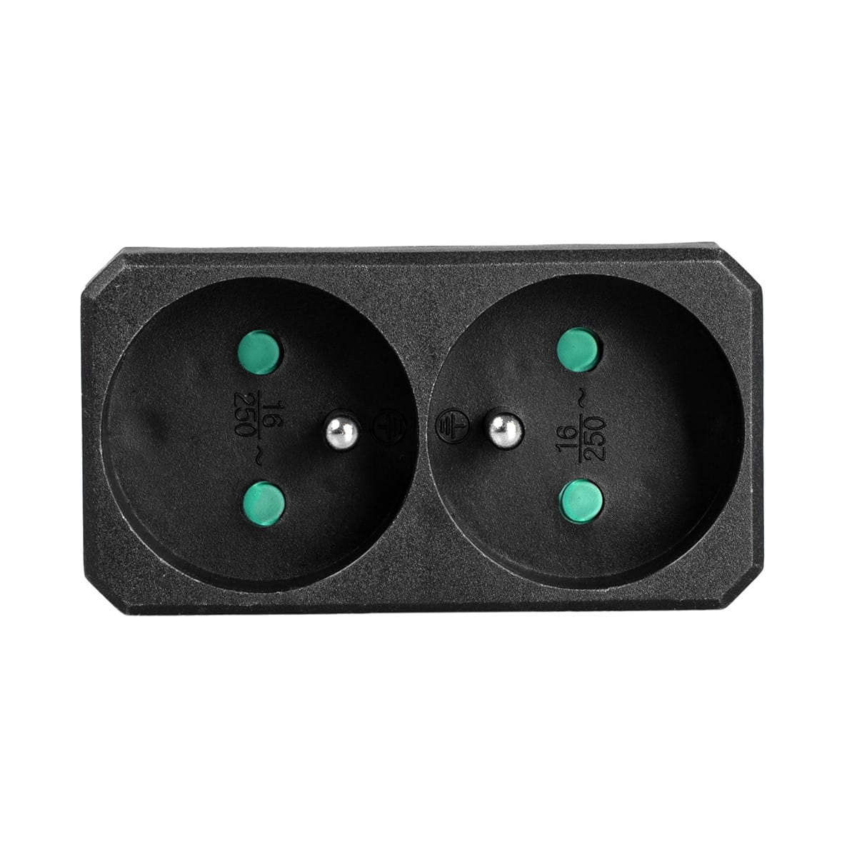 Czarne podwójne gniazdko z zielonymi akcentami, izolowane na białym tle.