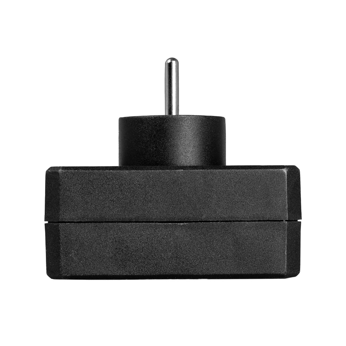 Czarny adapter z srebrnym bolcem. Adapter jest prostokątny.