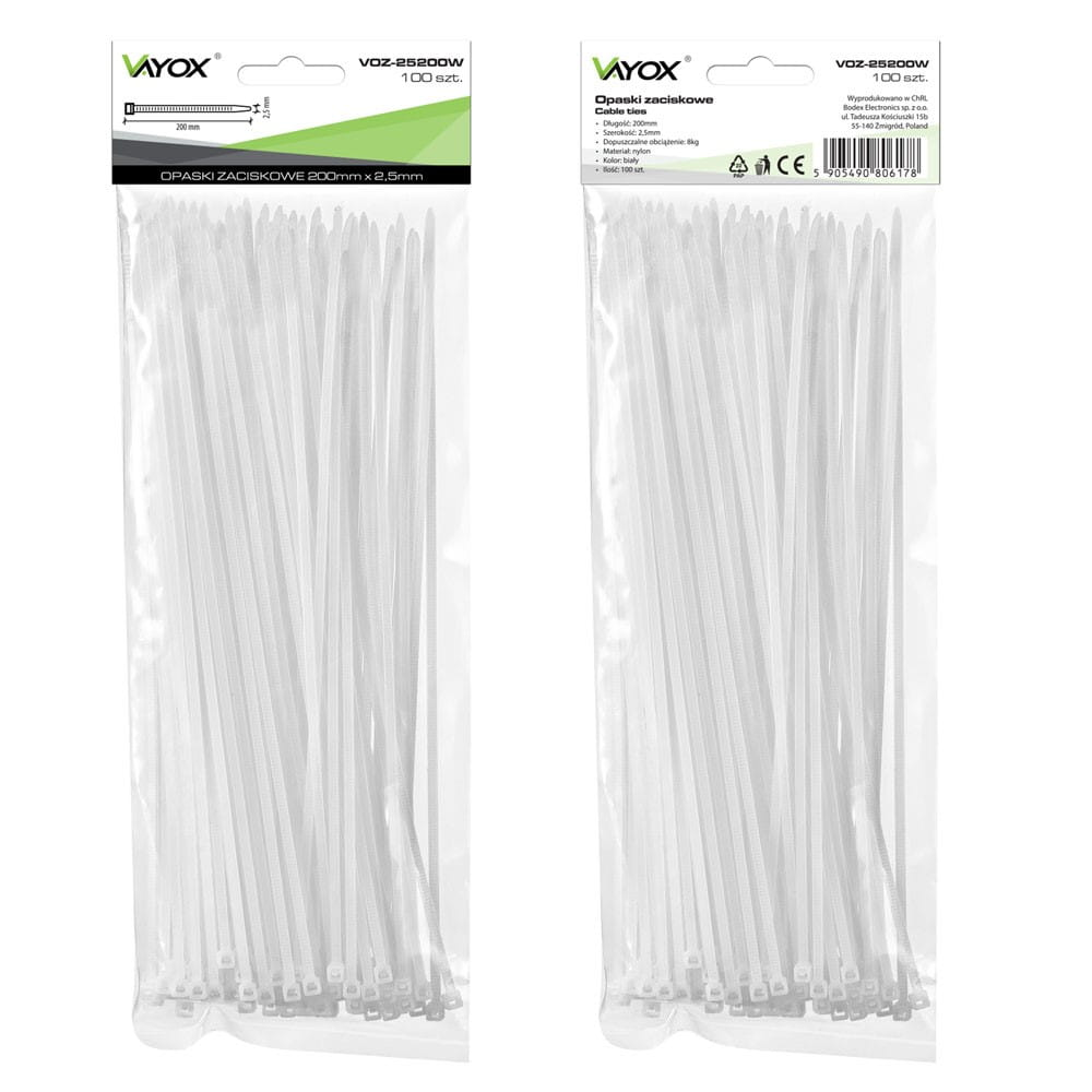 Dwie przezroczyste plastikowe torby z białymi opaskami kablowymi. Tekst na torbach.