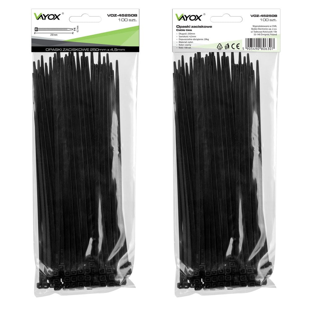 Dwie torby czarnych opasek kablowych, w przezroczystym opakowaniu. Tekst na opakowaniu.