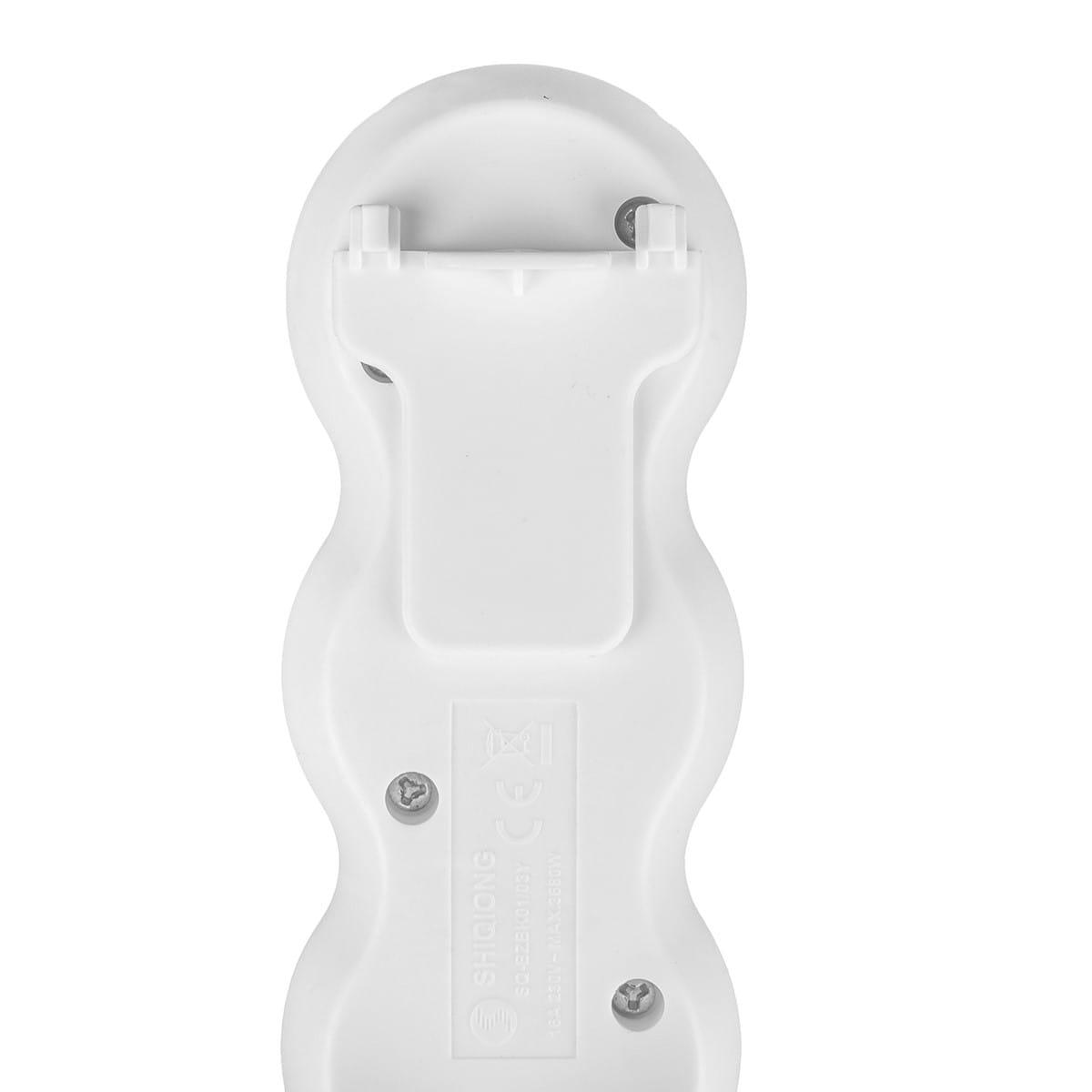 Zbliżenie na tył białego przedłużacza. Widoczne śruby i uchwyt.