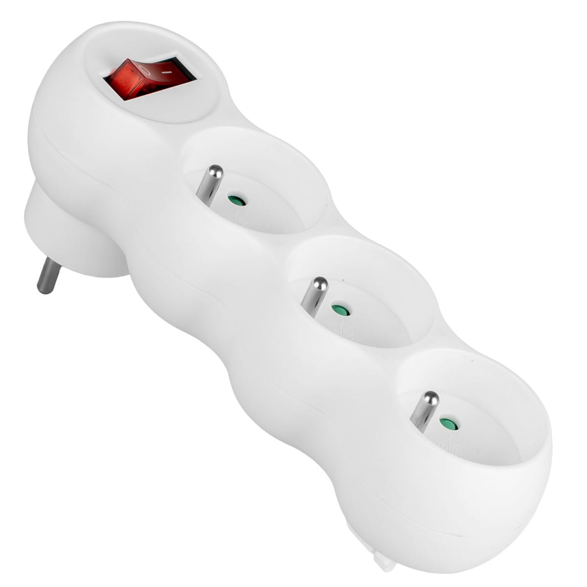 Biała listwa zasilająca z trzema gniazdami i czerwonym włącznikiem.