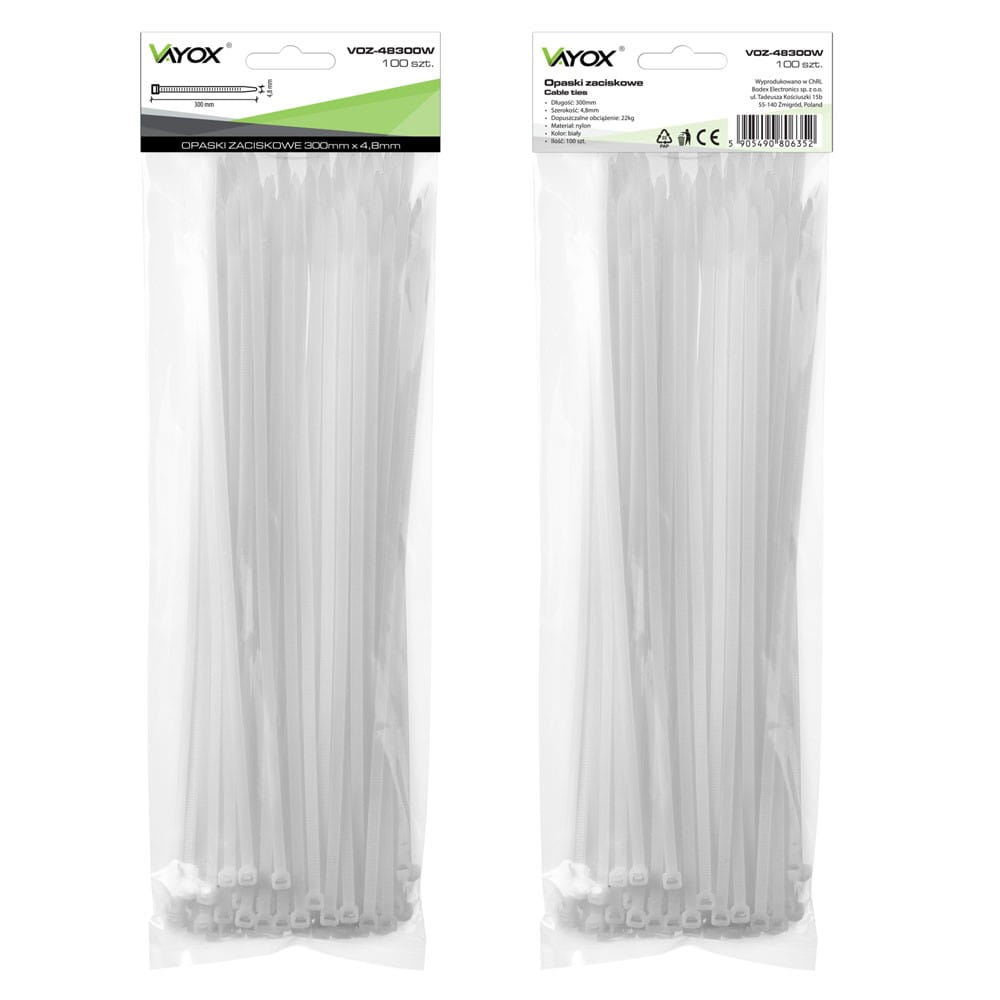 Dwa opakowania białych opasek zaciskowych, marka VOYX, z informacjami o produkcie.