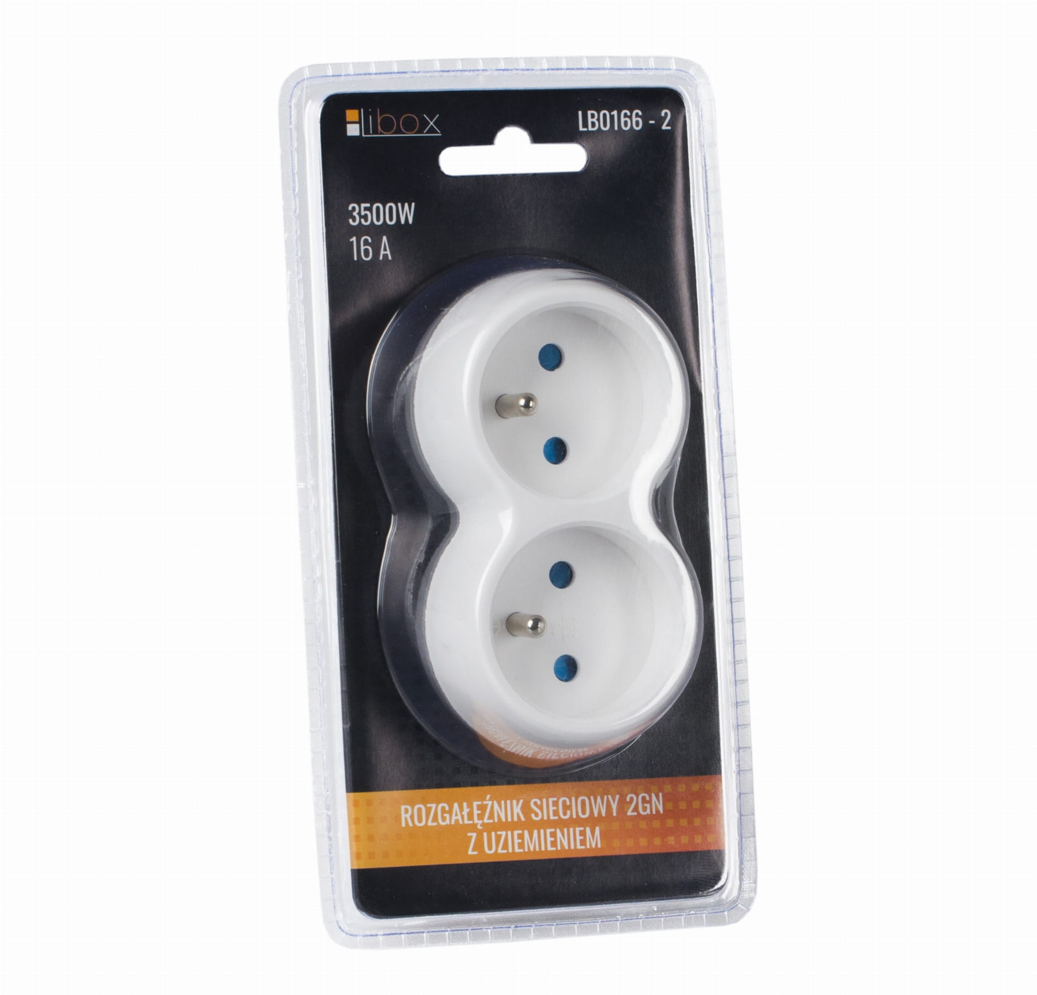 Białe gniazdo elektryczne z dwoma gniazdami, w przezroczystym plastikowym opakowaniu.