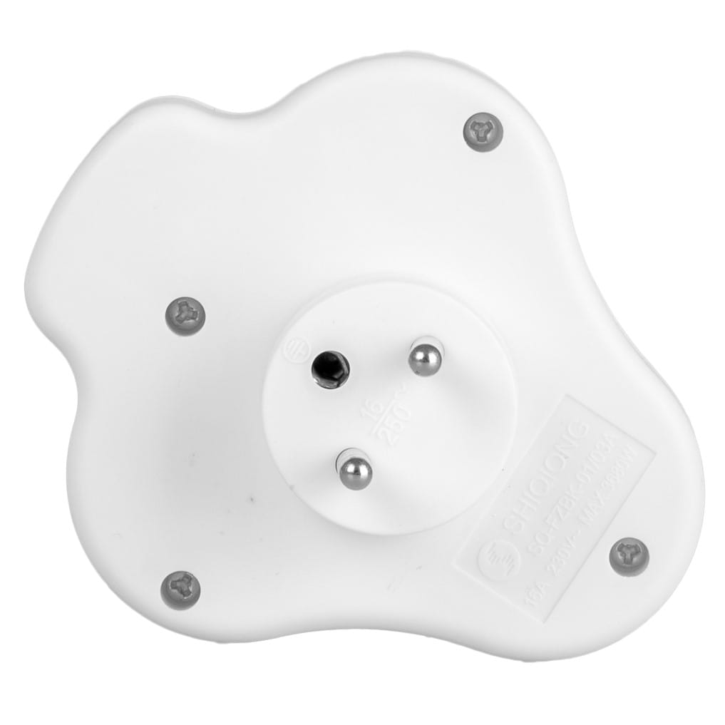 Widok od spodu białego adaptera elektrycznego z trzema otworami i trzema śrubami.