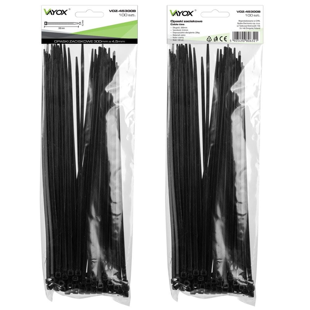 Dwa opakowania czarnych opasek zaciskowych z informacjami o produkcie na froncie.