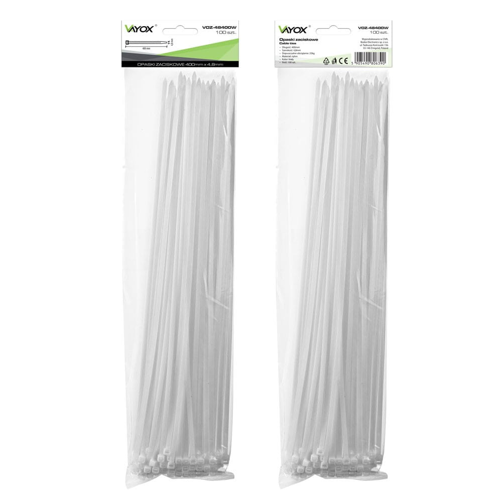 Dwa opakowania białych opasek zaciskowych z informacjami o produkcie na froncie.