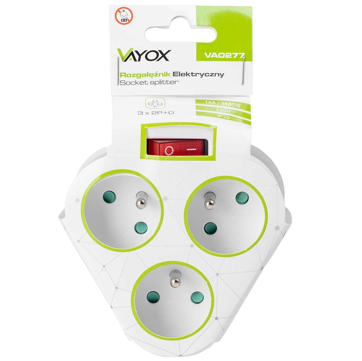 Biały rozgałęźnik gniazda z trzema gniazdami, czerwonym włącznikiem i marką.