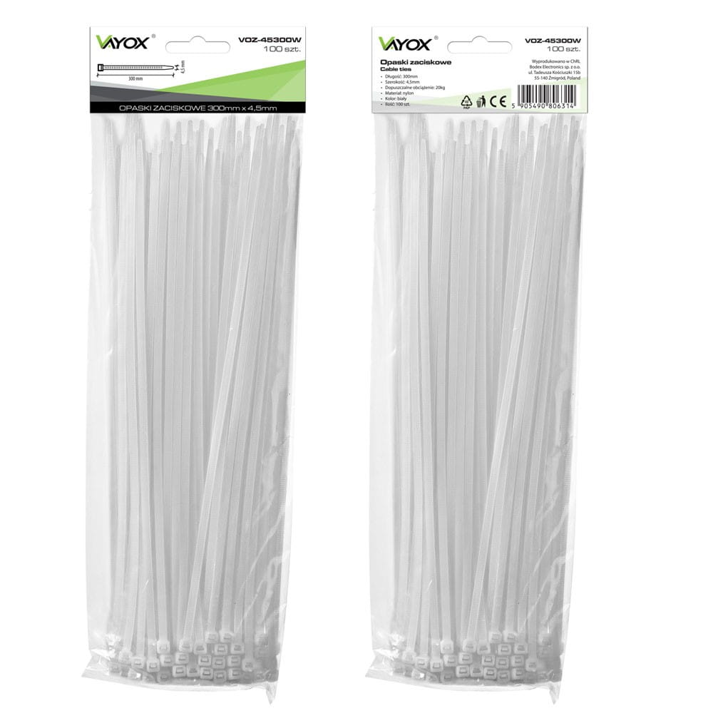 Dwa opakowania białych opasek zaciskowych z informacjami o produkcie na froncie.