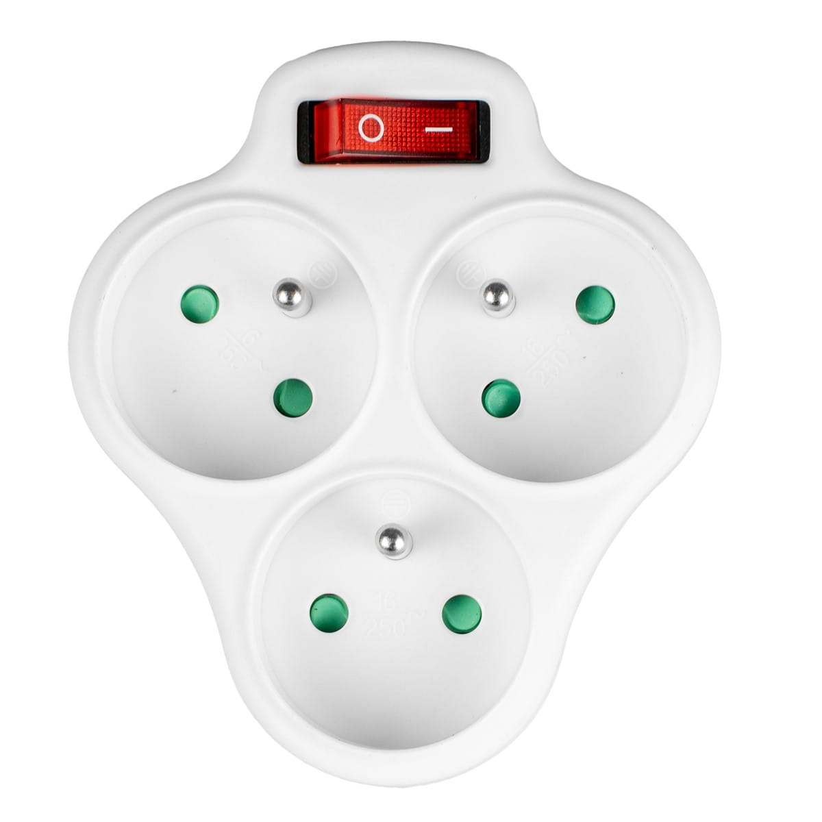 Białe potrójne gniazdo z czerwonym włącznikiem/wyłącznikiem.