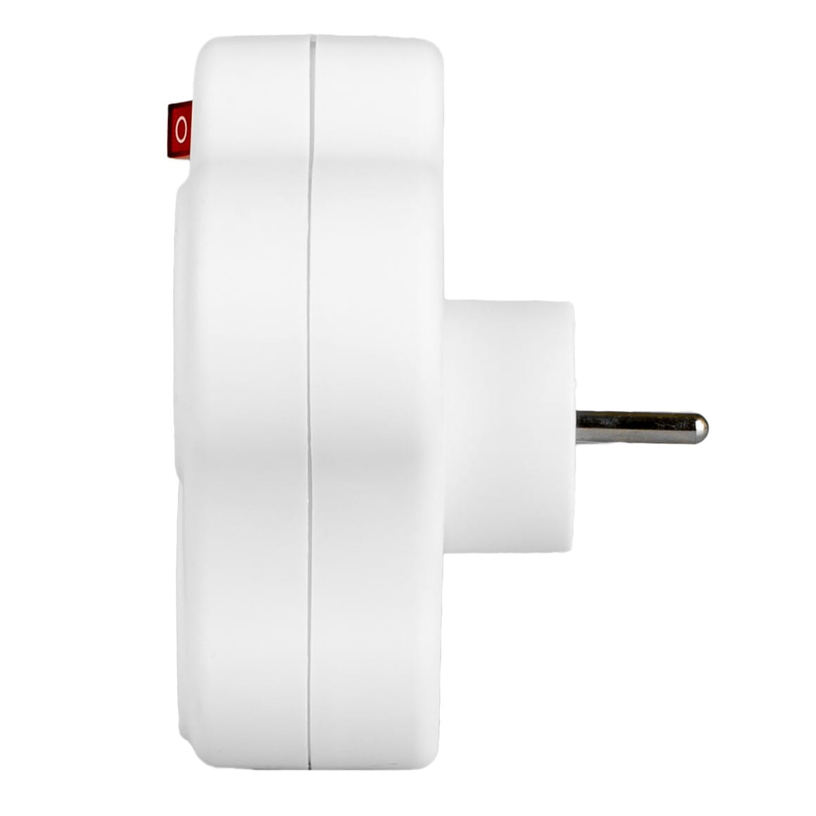 Białe potrójne gniazdo, widok z boku, z czerwonym włącznikiem.