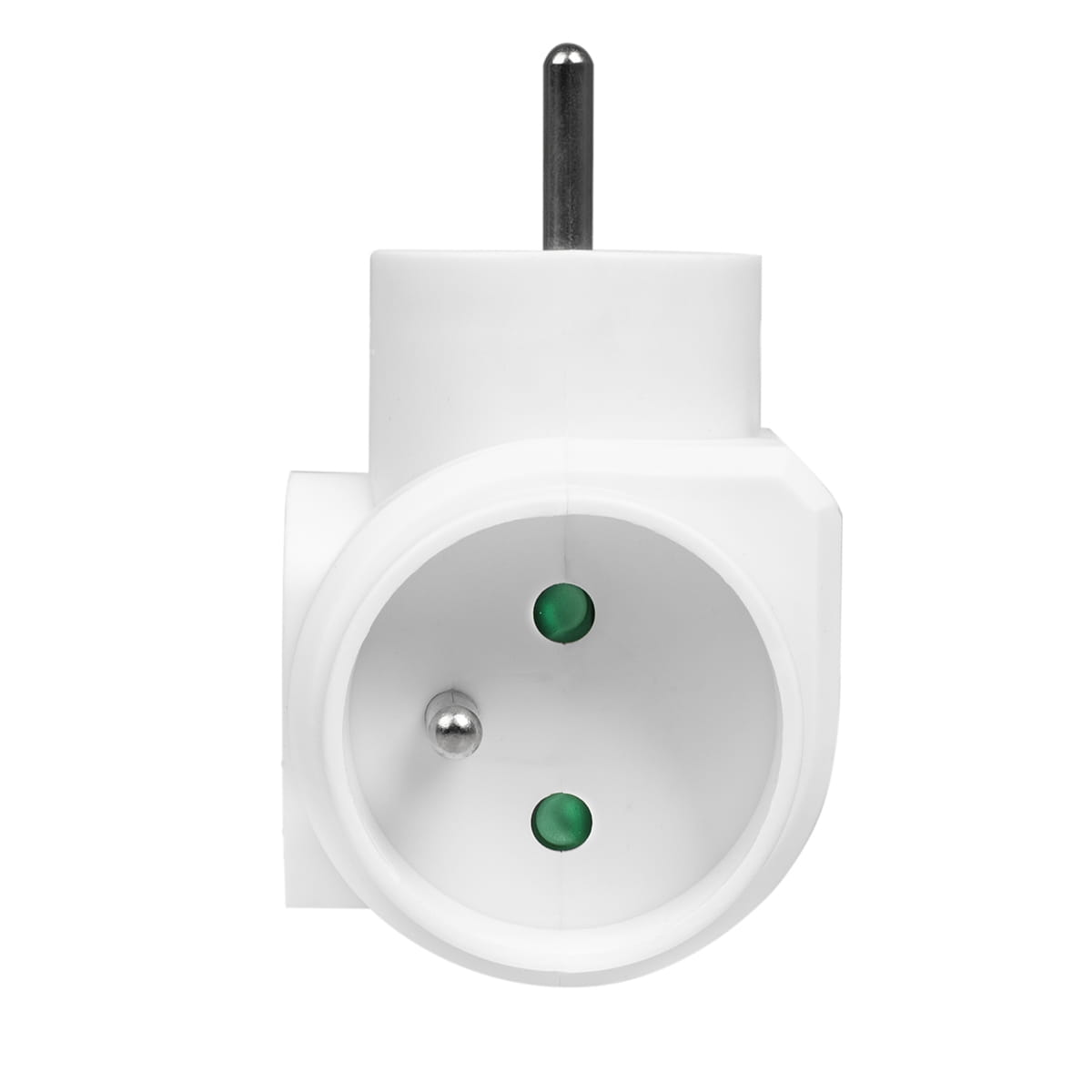 Białe gniazdo elektryczne z jednym gniazdem i dwoma zielonymi kropkami.