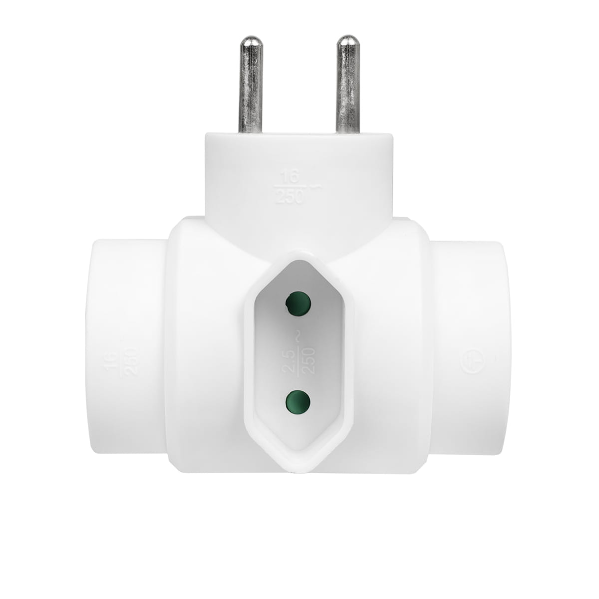 Biały potrójny adapter zasilania z dwoma pinami i gniazdem.