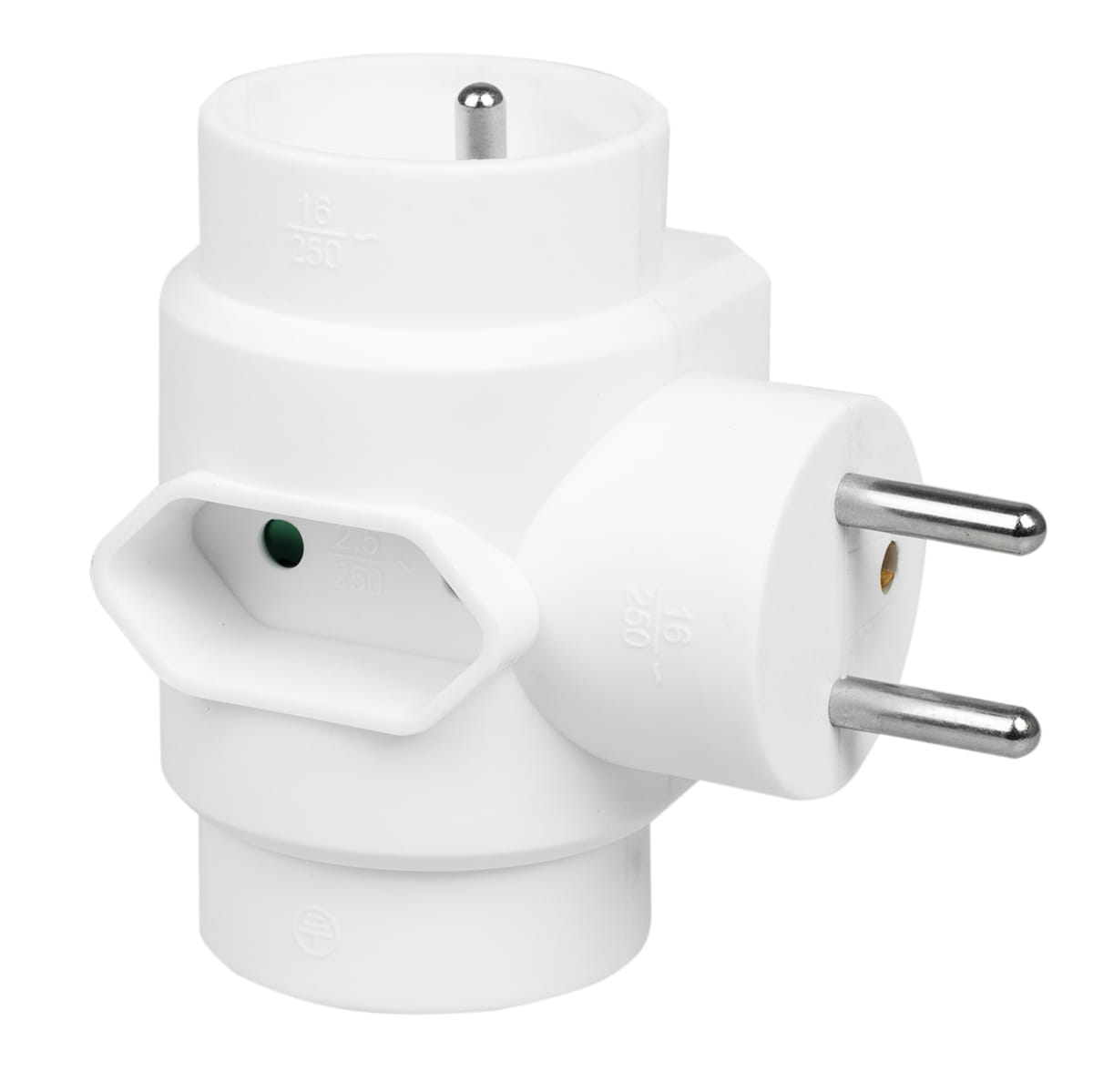 Biały potrójny adapter z dwoma pinami.