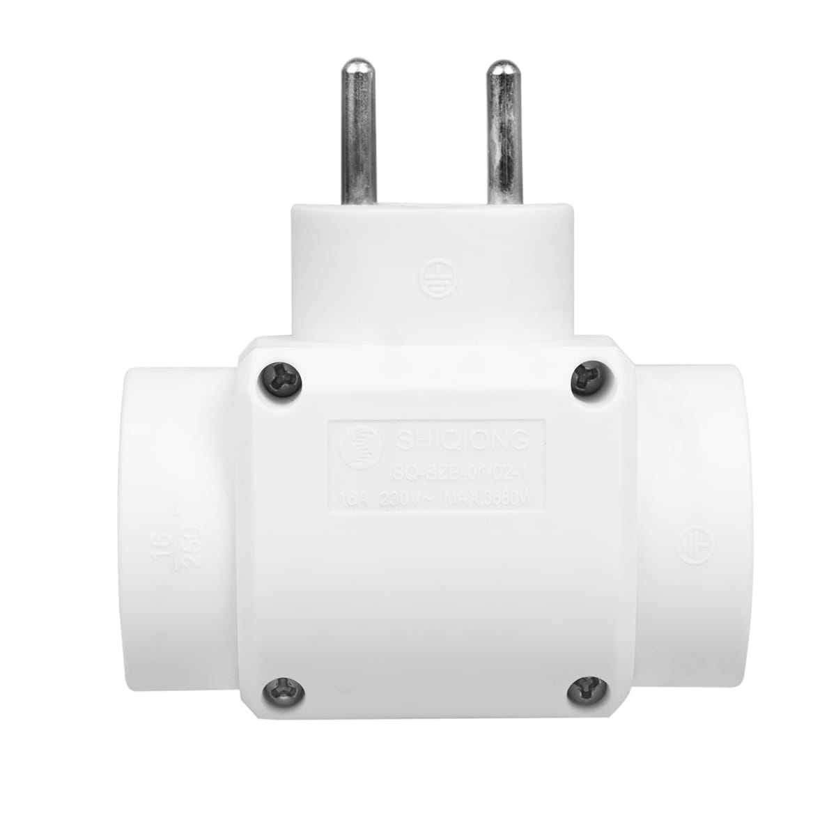 Biały adapter elektryczny z trzema gniazdami i trzema śrubami.