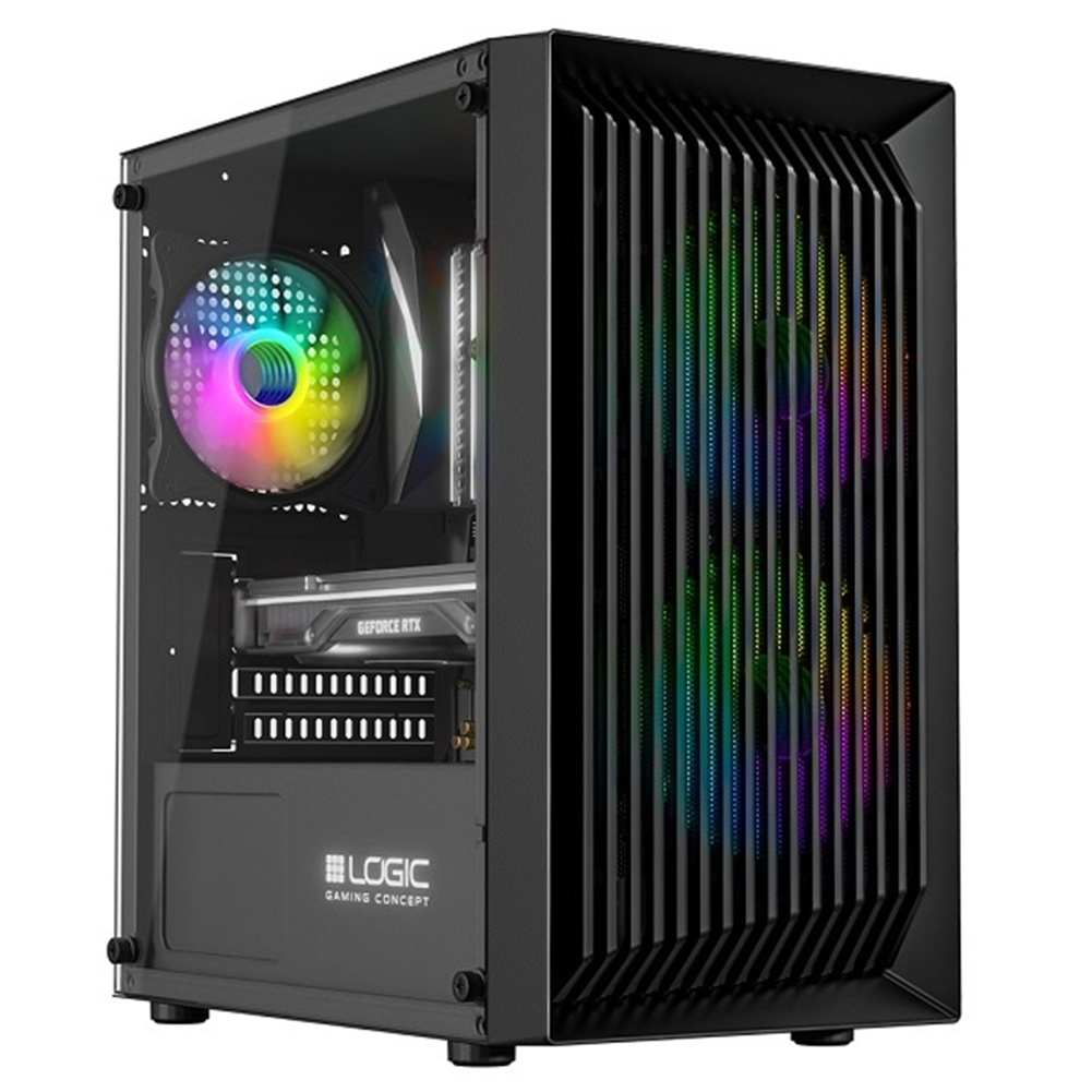 Case per computer nero con pannello laterale in vetro, componenti interni e illuminazione RGB.