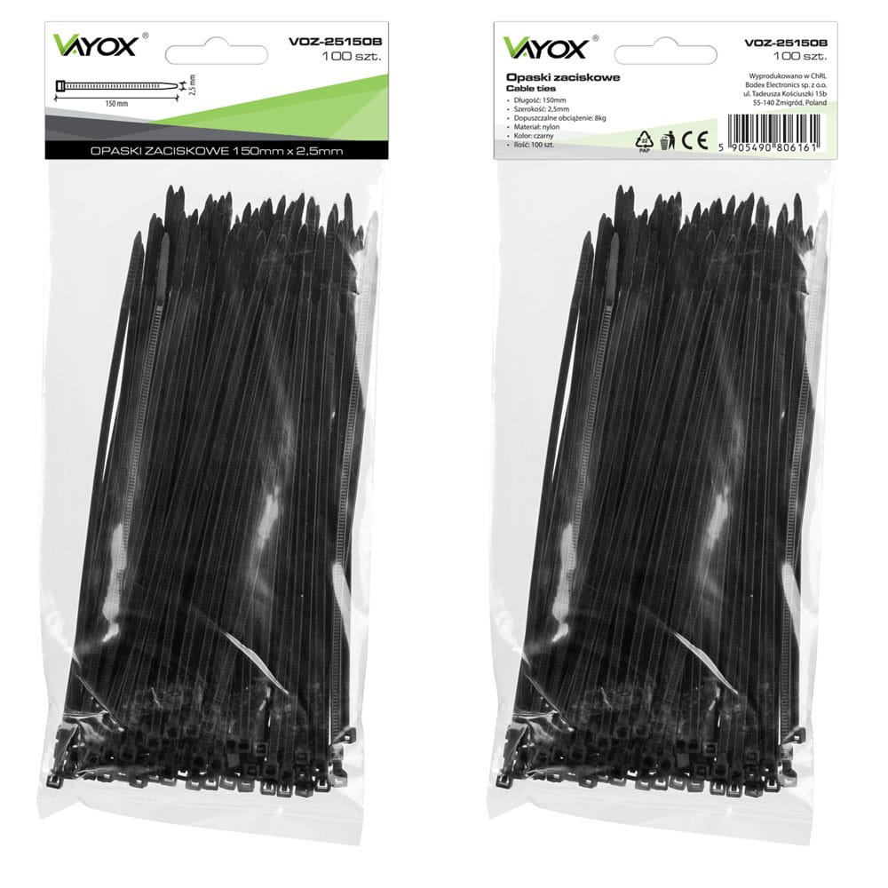 Czarne opaski zaciskowe w dwóch opakowaniach, z tekstem i wymiarami.