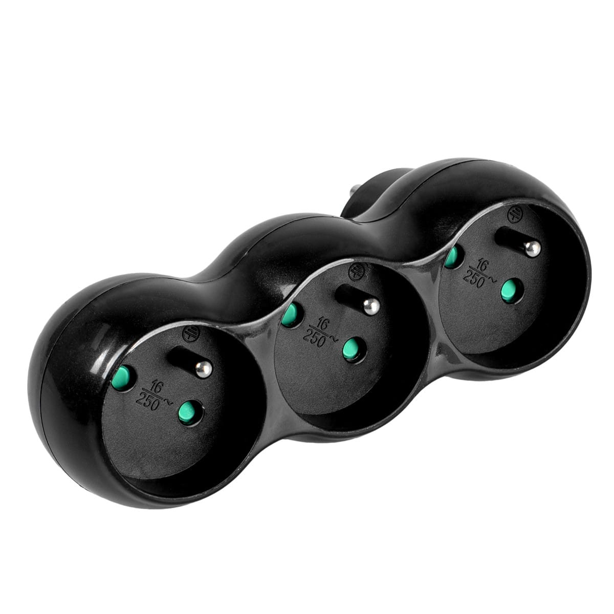 Czarny adapter zasilania z trzema gniazdami. Adapter ma zaokrąglony kształt. Białe tło.