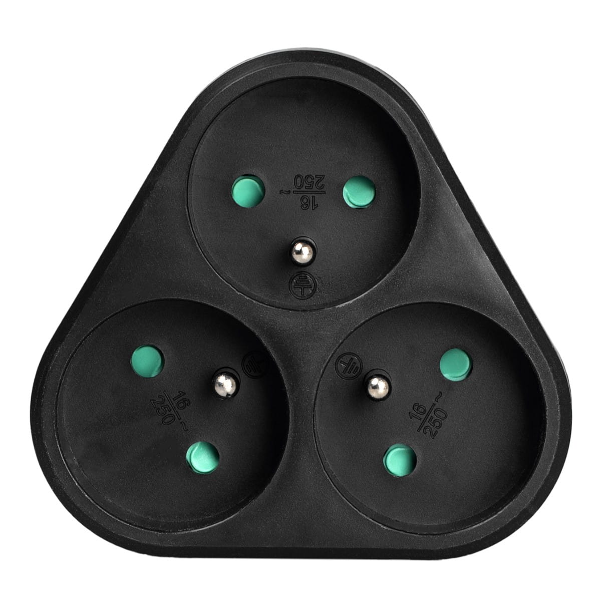 Czarny adapter zasilania z trzema gniazdami. Adapter ma kształt trójkąta. Gniazda mają zielone kropki.