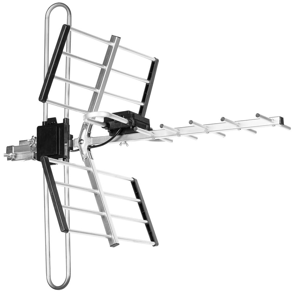 Srebrna antena telewizyjna. Posiada długi, poziomy pręt z pionowymi prętami i dwoma kątowymi panelami.