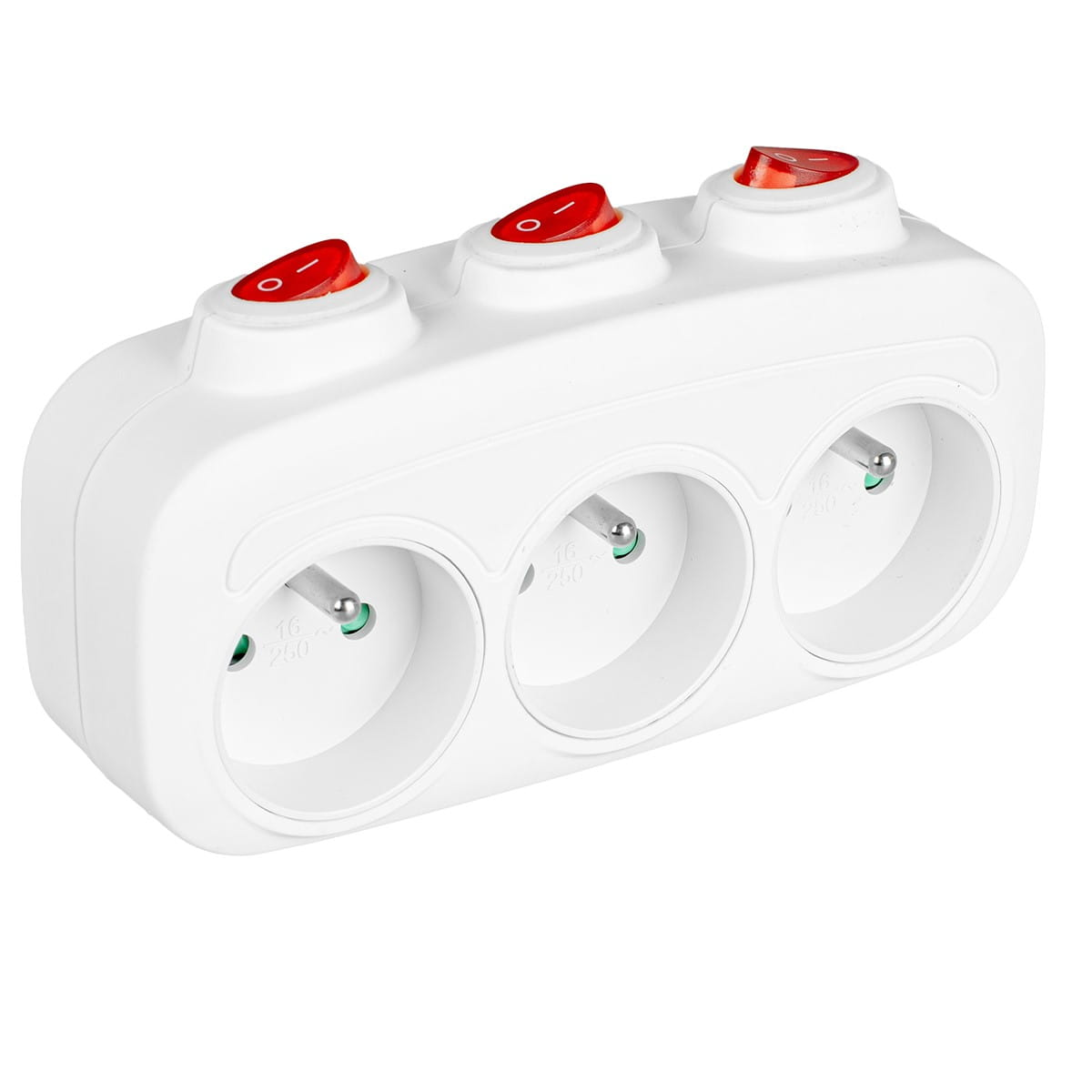 Biała listwa zasilająca z trzema gniazdami i trzema czerwonymi przełącznikami włącz/wyłącz na górze.