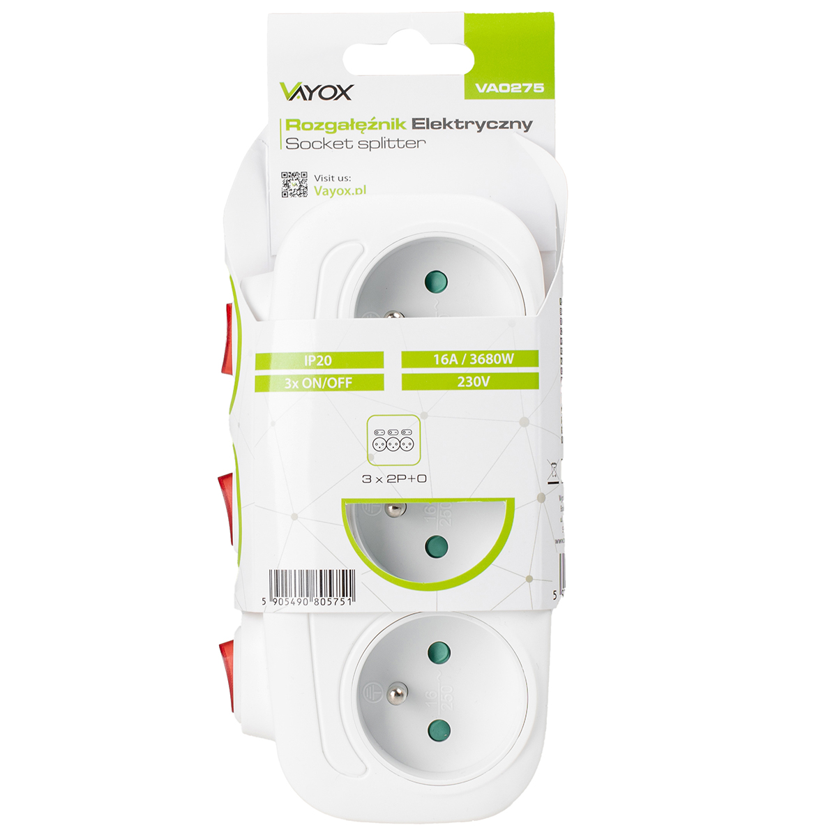 Biały rozdzielacz gniazda z trzema wyjściami, opakowanie ze specyfikacjami i informacjami o produkcie.