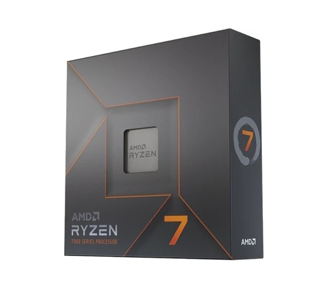 Scatola per un processore AMD Ryzen 7. Mostra il logo Ryzen 7 e una finestra che mostra la CPU.