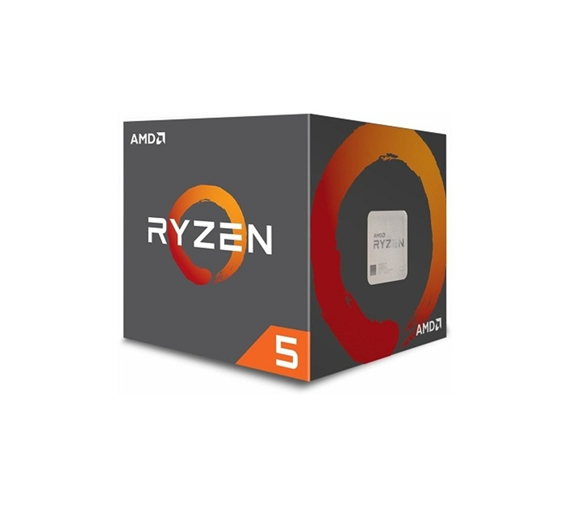Una scatola del processore AMD Ryzen 5. La scatola è arancione e nera con i loghi AMD e Ryzen.