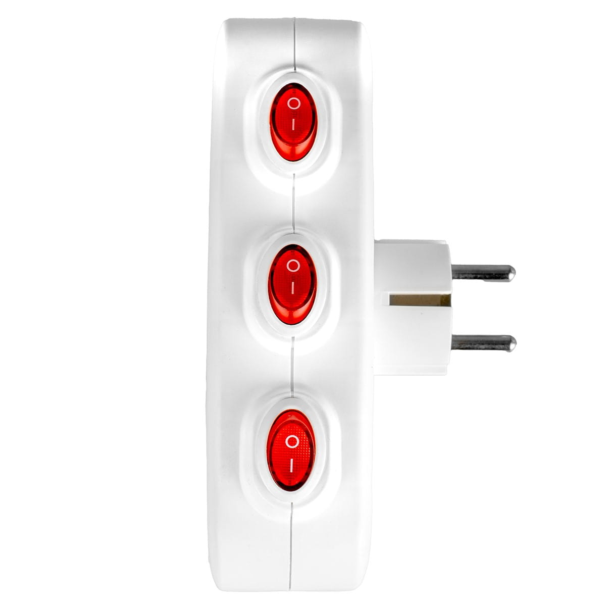 Biała listwa zasilająca z trzema gniazdami i trzema czerwonymi przełącznikami. Widok pod kątem.