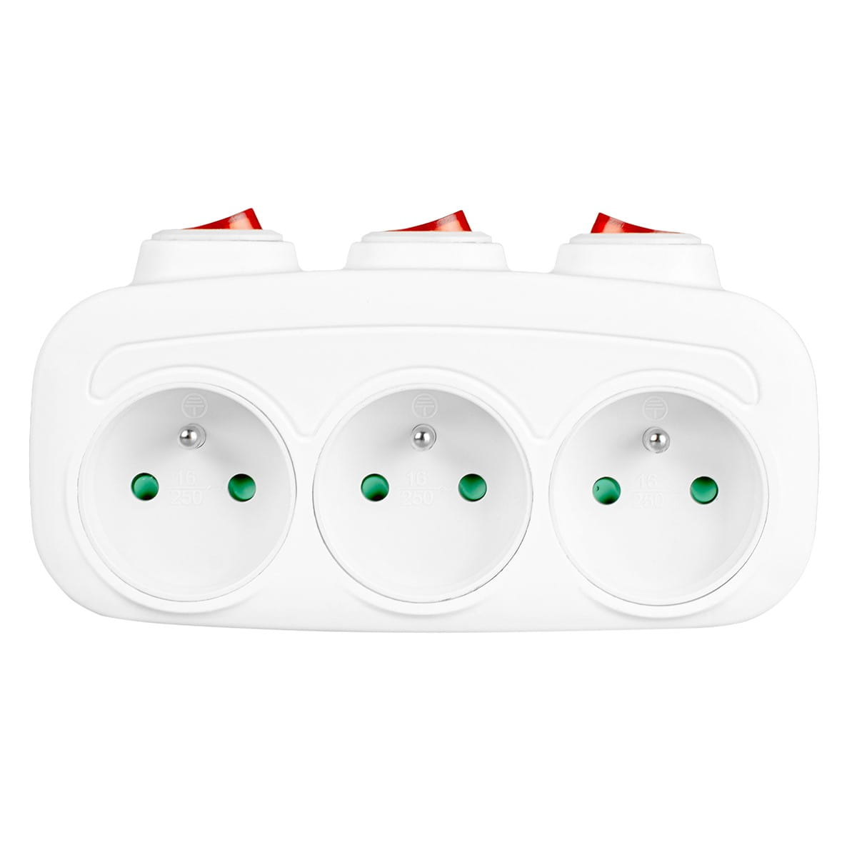 Biała listwa zasilająca z trzema gniazdami. Gniazda mają zielone kropki. Przełączniki są niewidoczne.