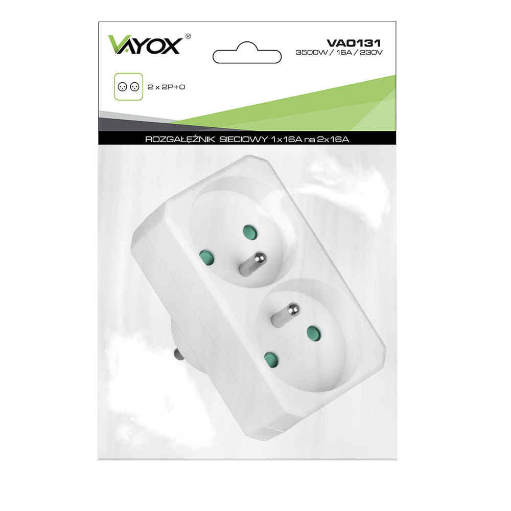 Biały podwójny adapter elektryczny w plastikowym opakowaniu. Tekst: 'Vayox', widoczne specyfikacje.