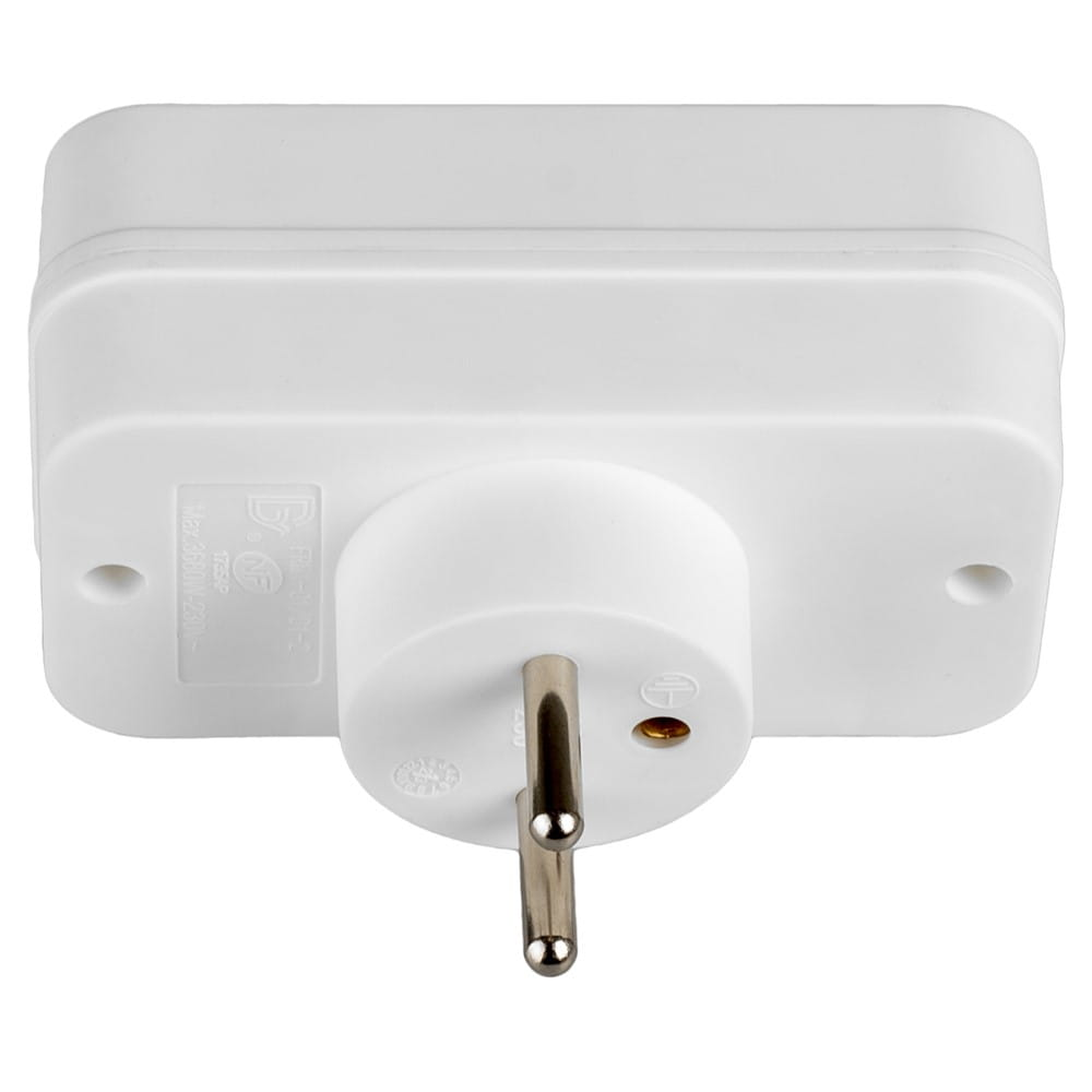 Biały adapter zasilania z wtyczką europejską. Ma okrągłą wtyczkę i prostokątny korpus.