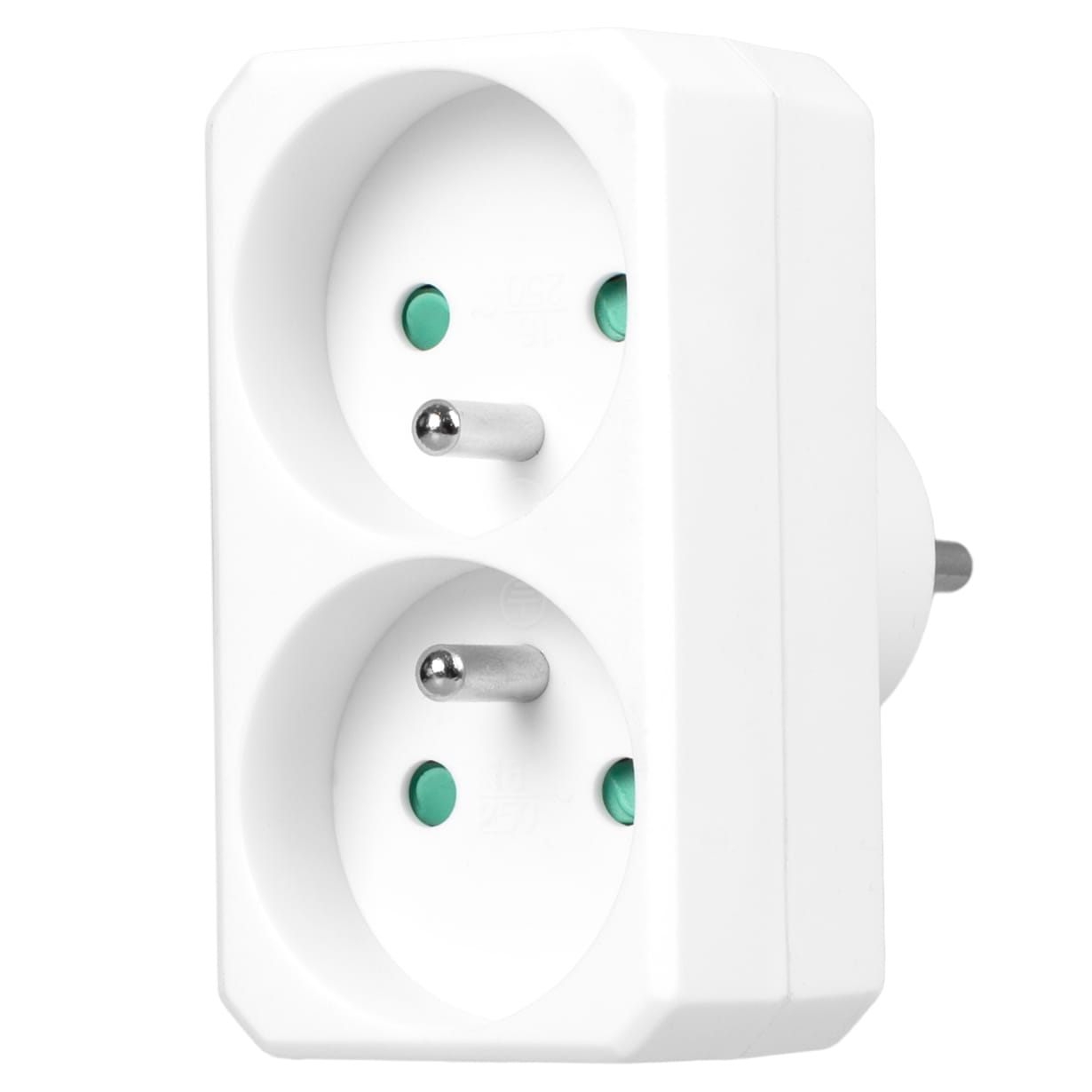 Biały adapter zasilania z dwoma gniazdami europejskimi i wtyczką europejską.