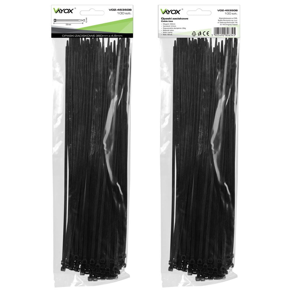 Dwa opakowania czarnych opasek kablowych. Każde opakowanie wyświetla nazwę marki i informacje o produkcie.