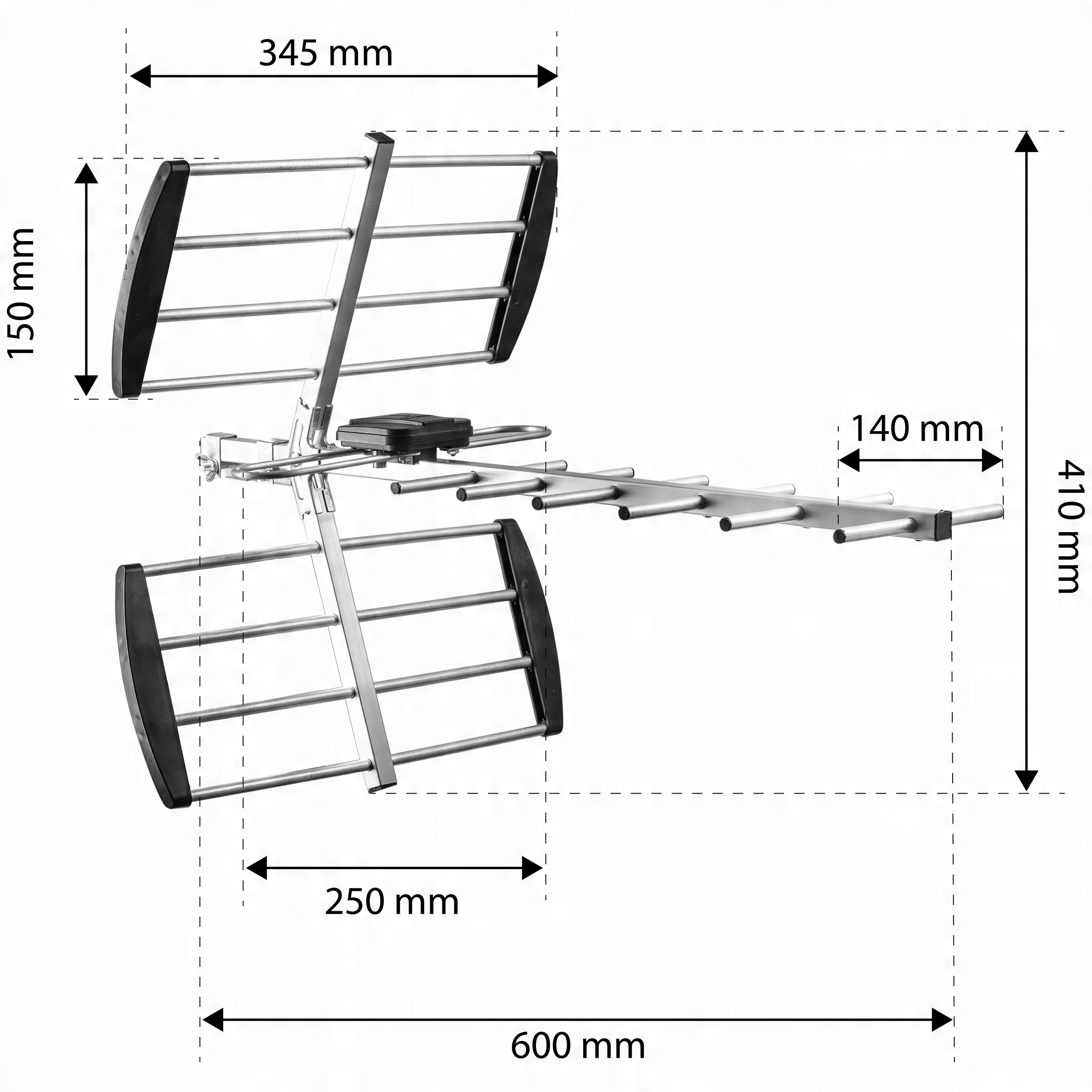 Antena z wymiarami. Antena główna ma 600 mm długości, boczne 345 mm szerokości i 150 mm wysokości.